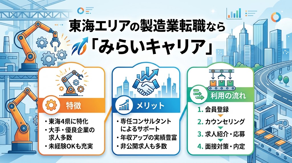 東海エリアの製造業転職なら「みらいキャリア」｜特徴・メリット・利用の流れ
